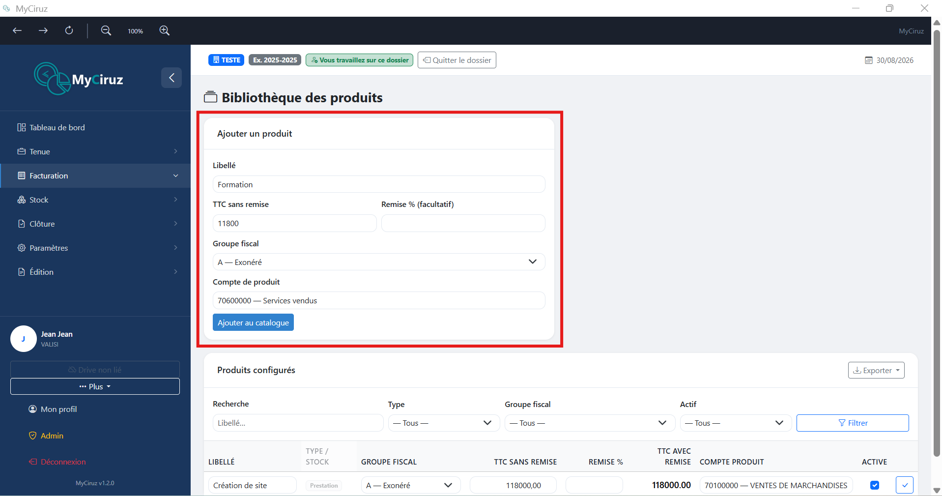 Bibliothèque des produits avec tableau des références