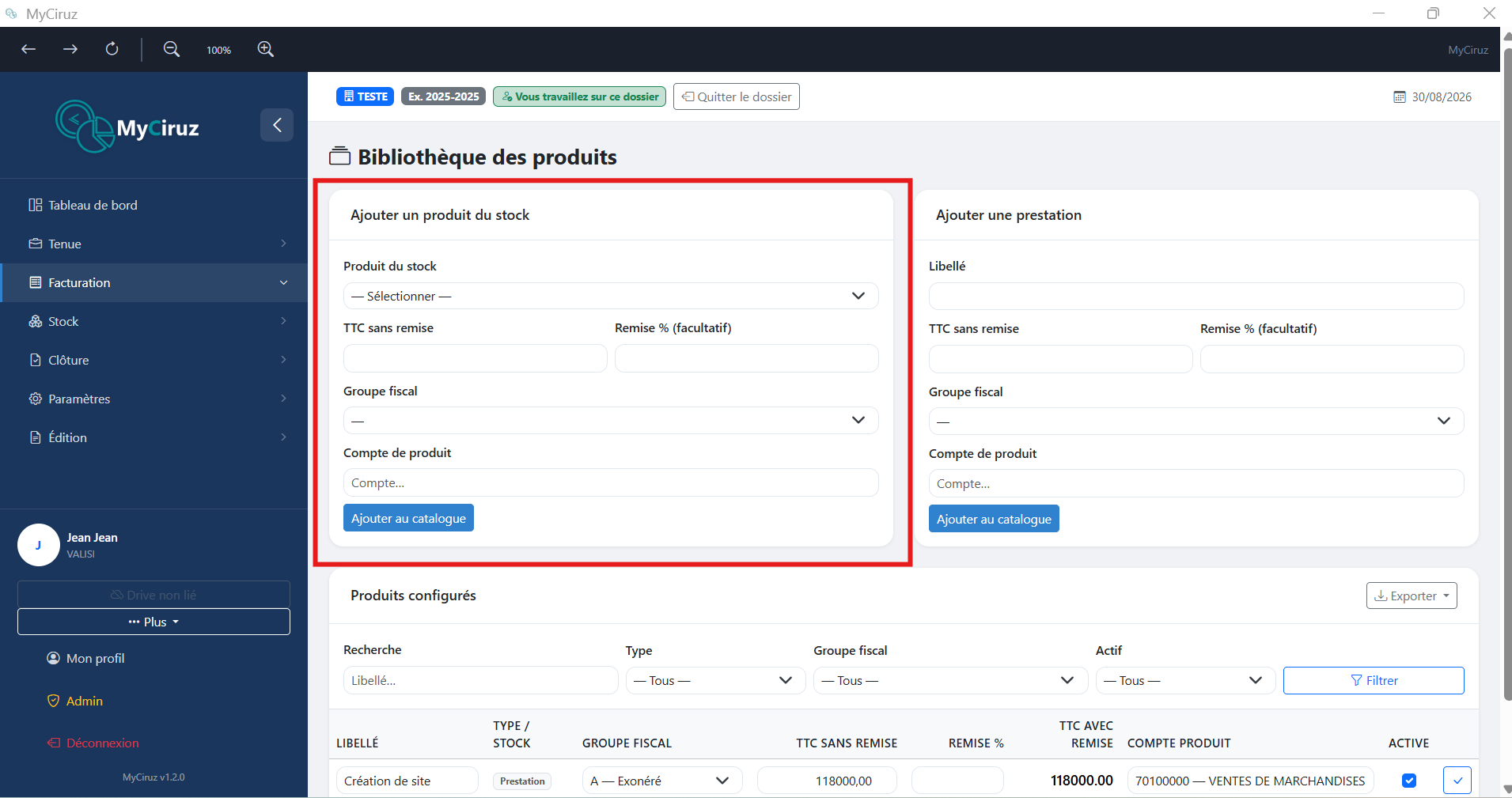 Bibliothèque des produits avec tableau des références