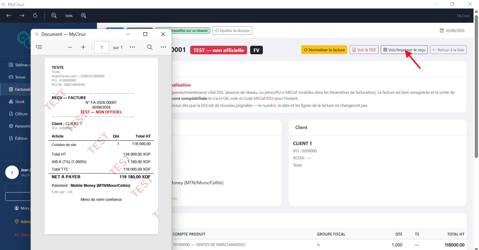 Formulaire d'établissement d'une facture avec aperçu PDF