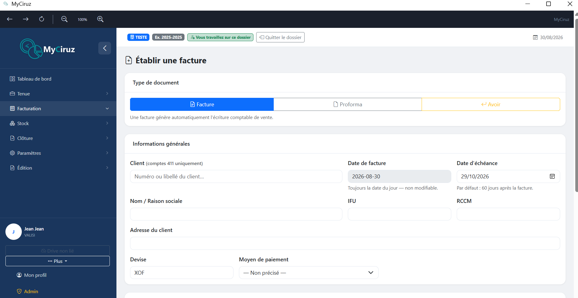Formulaire d'établissement d'une facture avec aperçu PDF