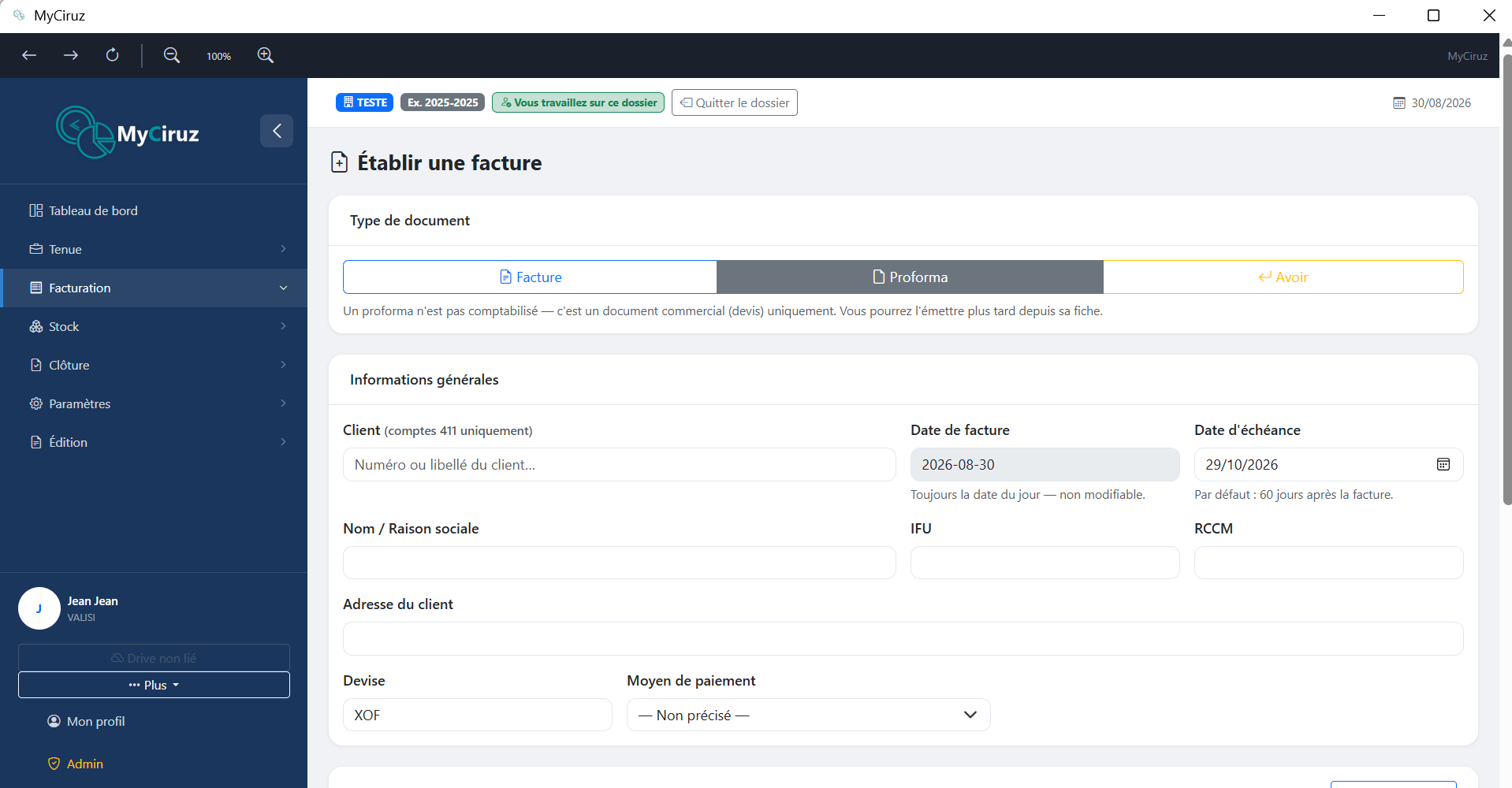 Formulaire d'établissement d'une facture avec aperçu PDF
