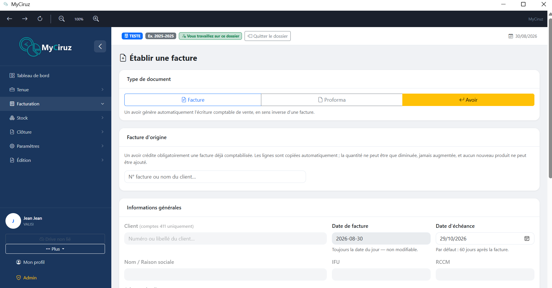 Formulaire d'établissement d'une facture avec aperçu PDF