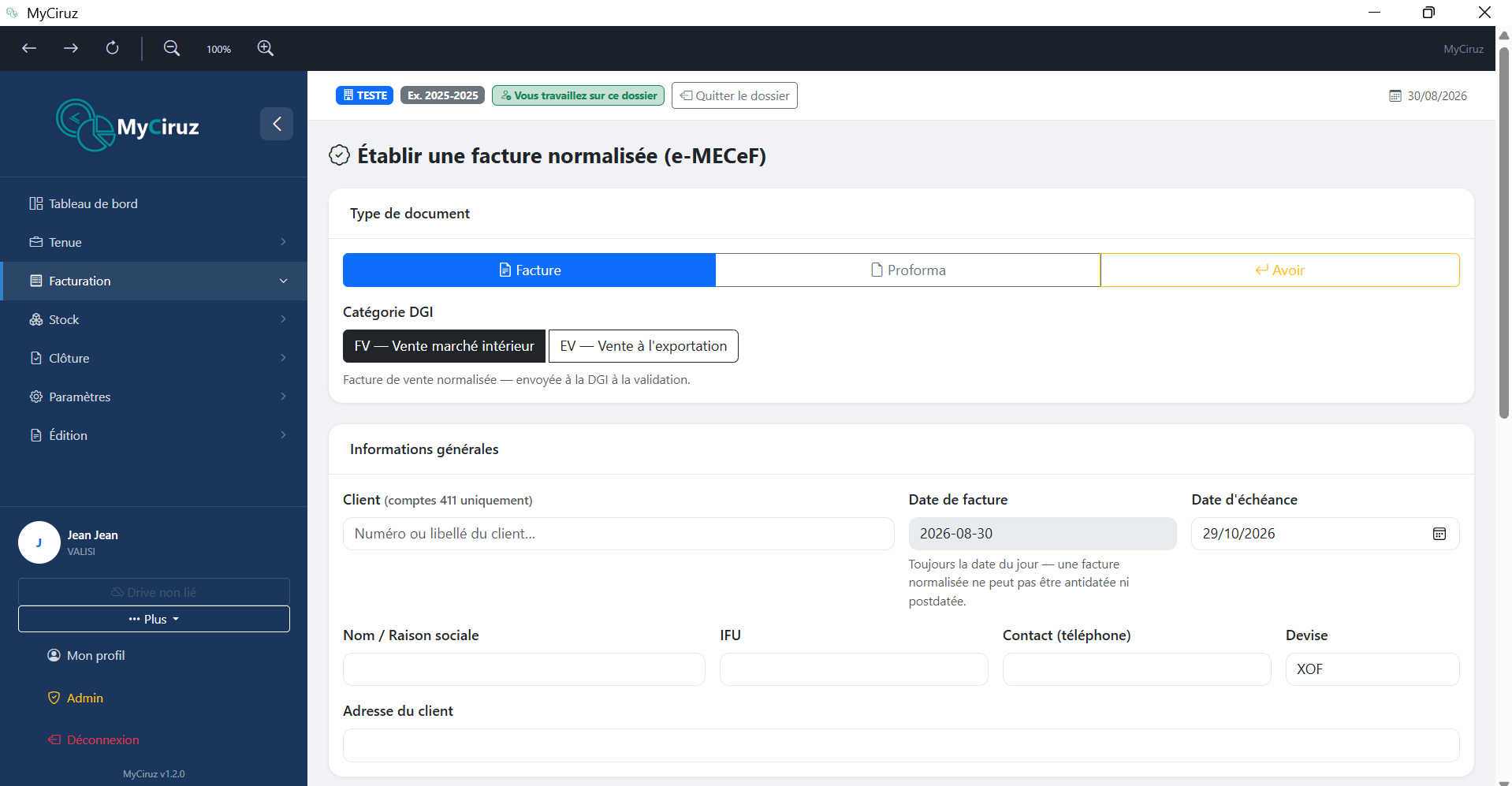 Formulaire d'établissement d'une facture avec aperçu PDF