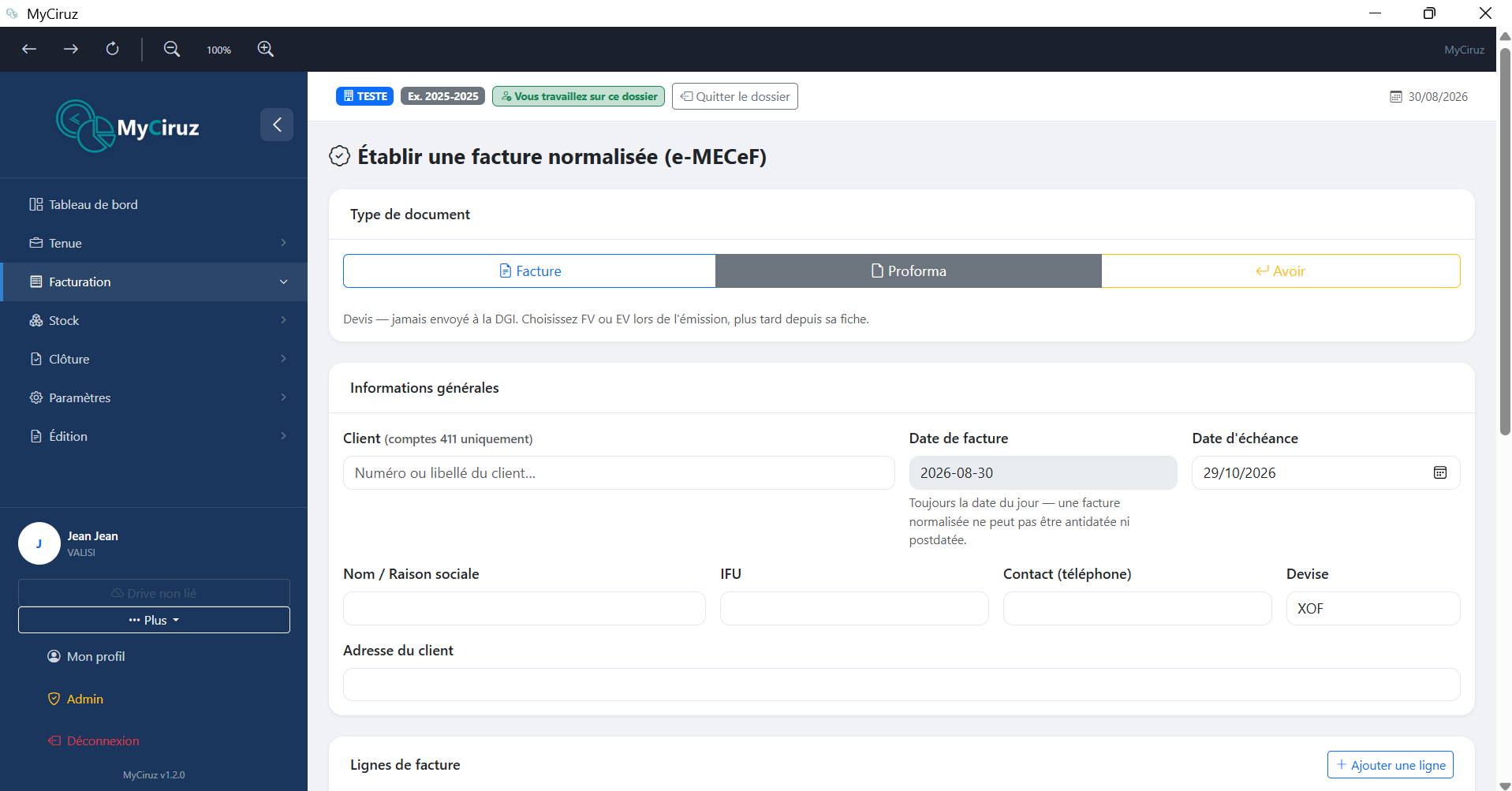 Formulaire d'établissement d'une facture avec aperçu PDF