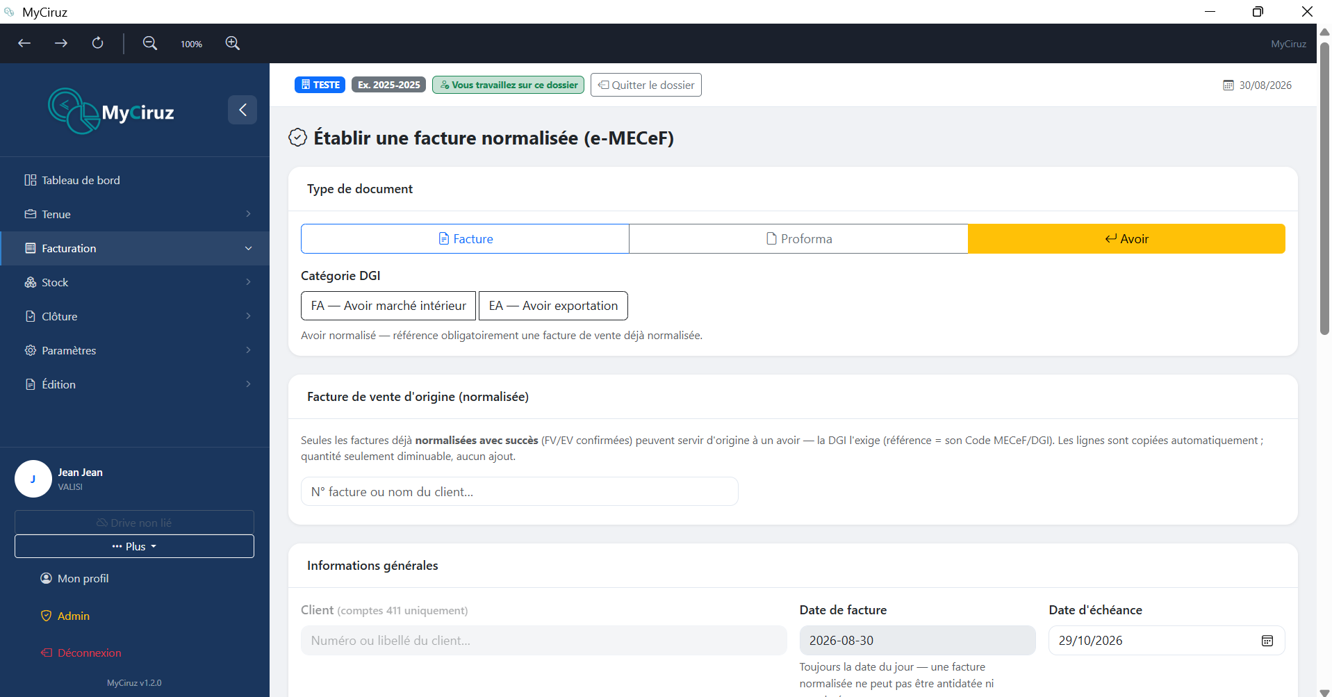 Formulaire d'établissement d'une facture avec aperçu PDF