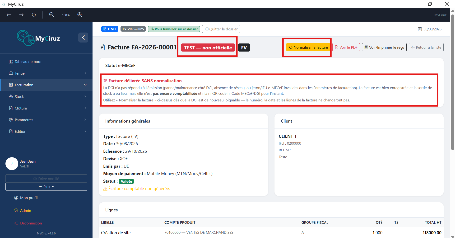 Formulaire d'établissement d'une facture avec aperçu PDF