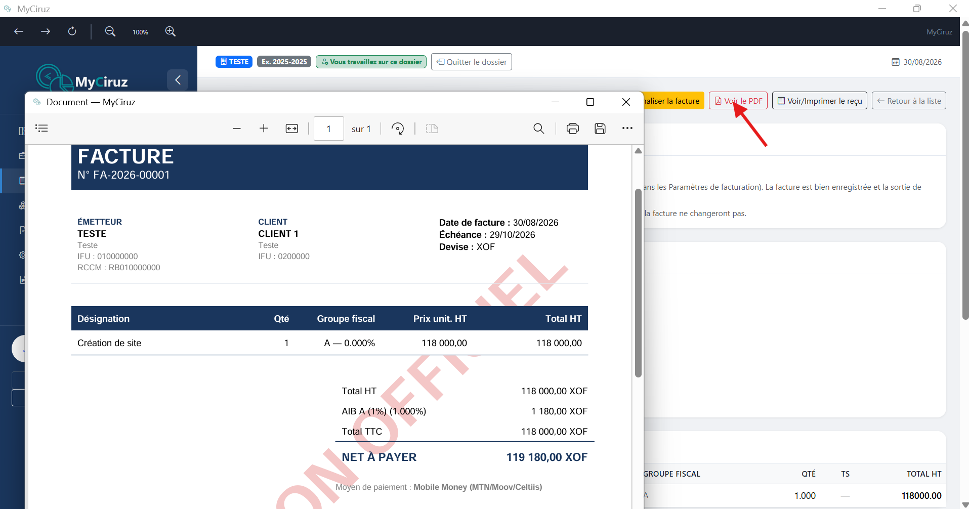 Formulaire d'établissement d'une facture avec aperçu PDF