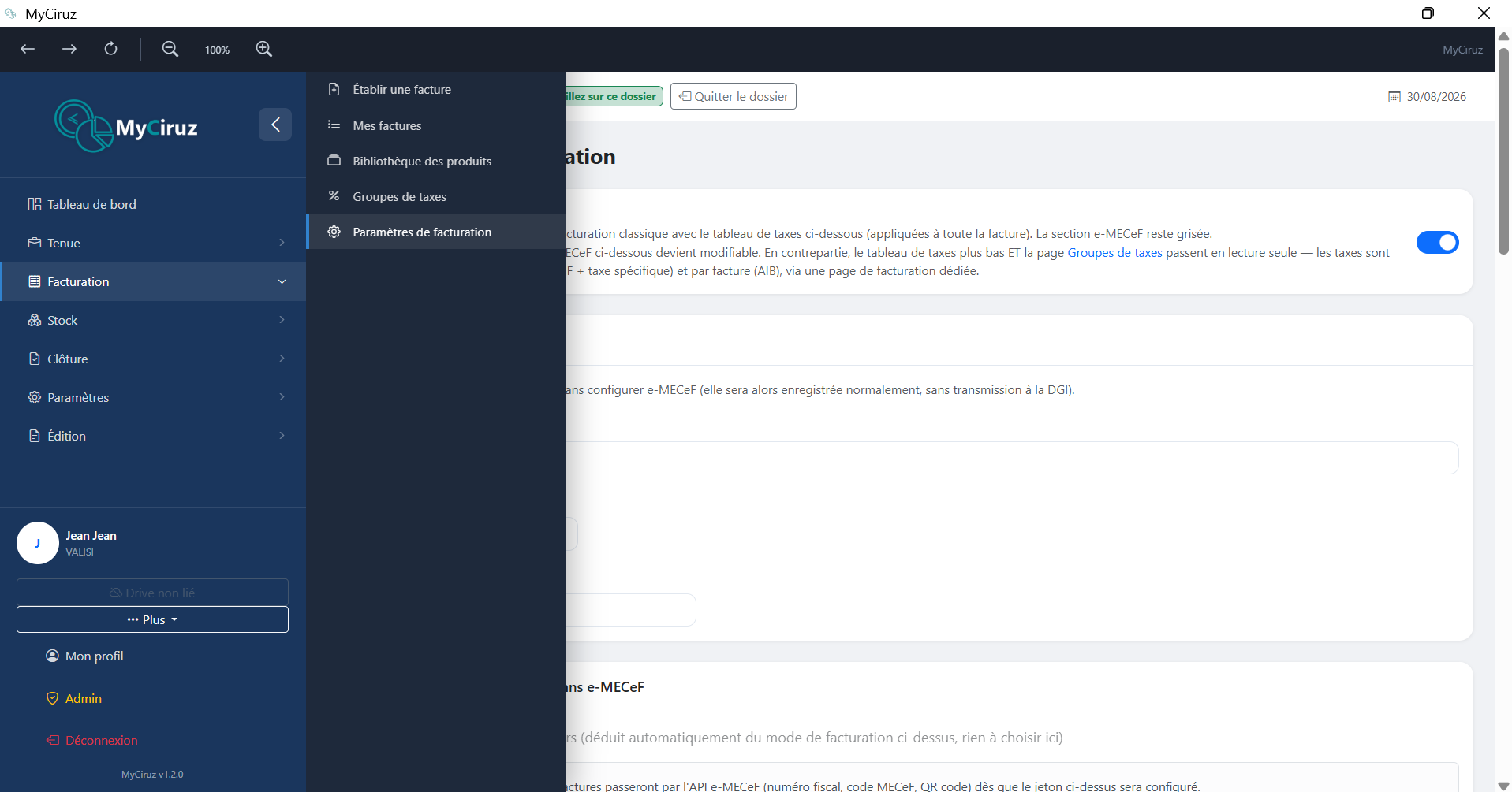 Page des paramètres de facturation