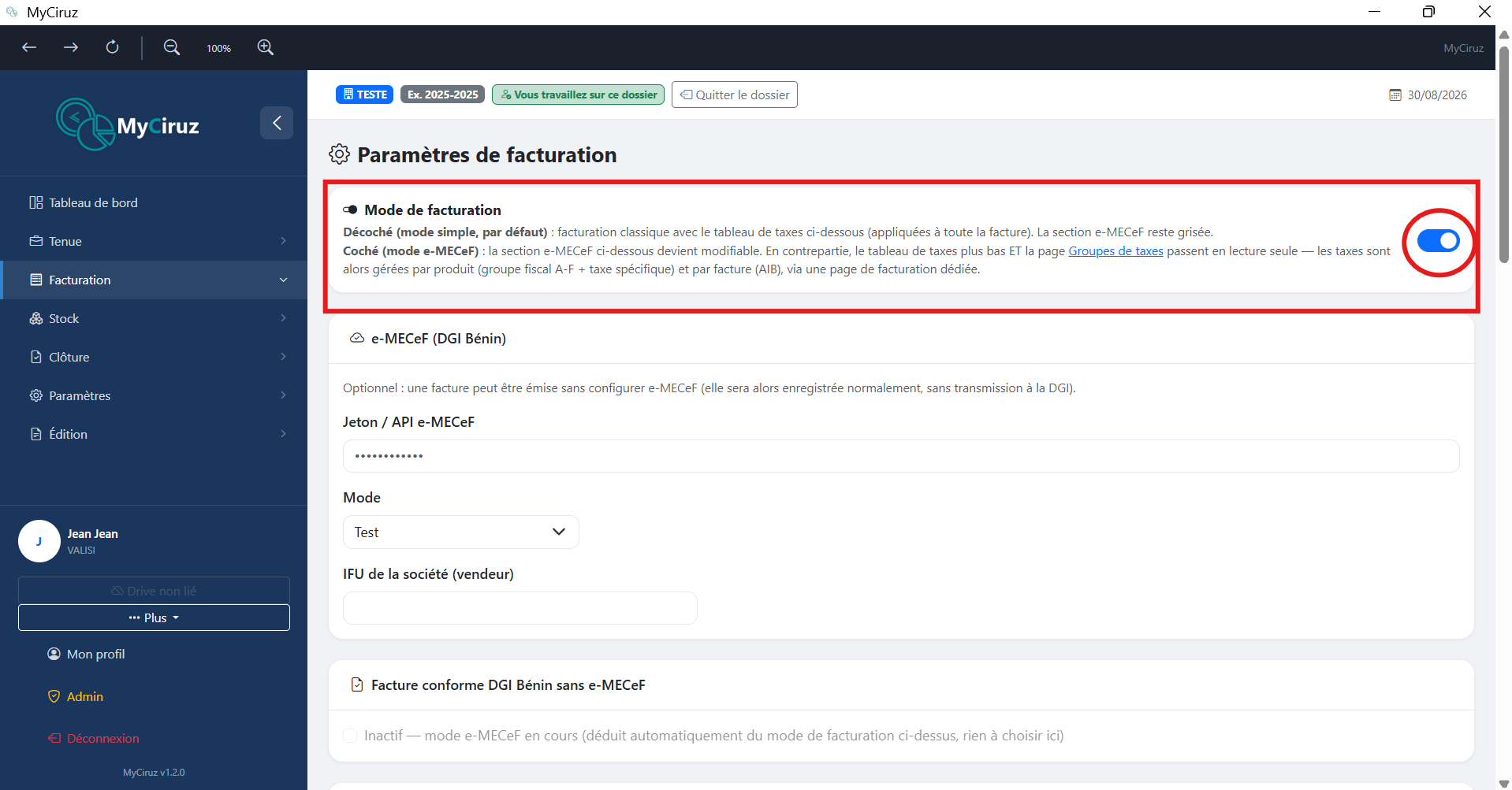 Page des paramètres de facturation