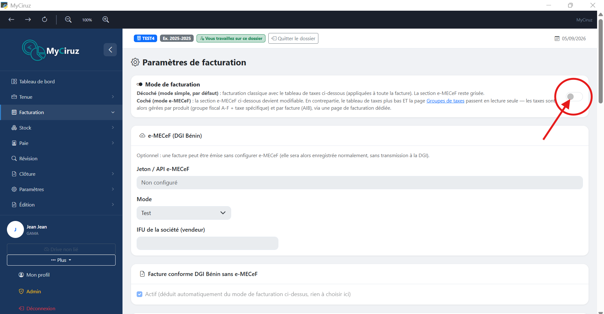 Paramètres de facturation — activation du mode de facturation