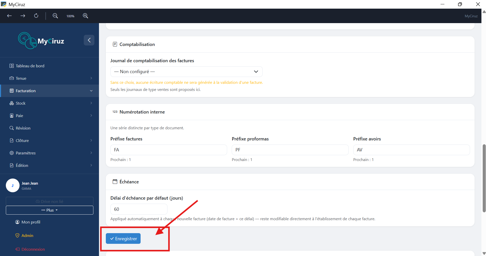 Paramètres de facturation — activation du mode de facturation