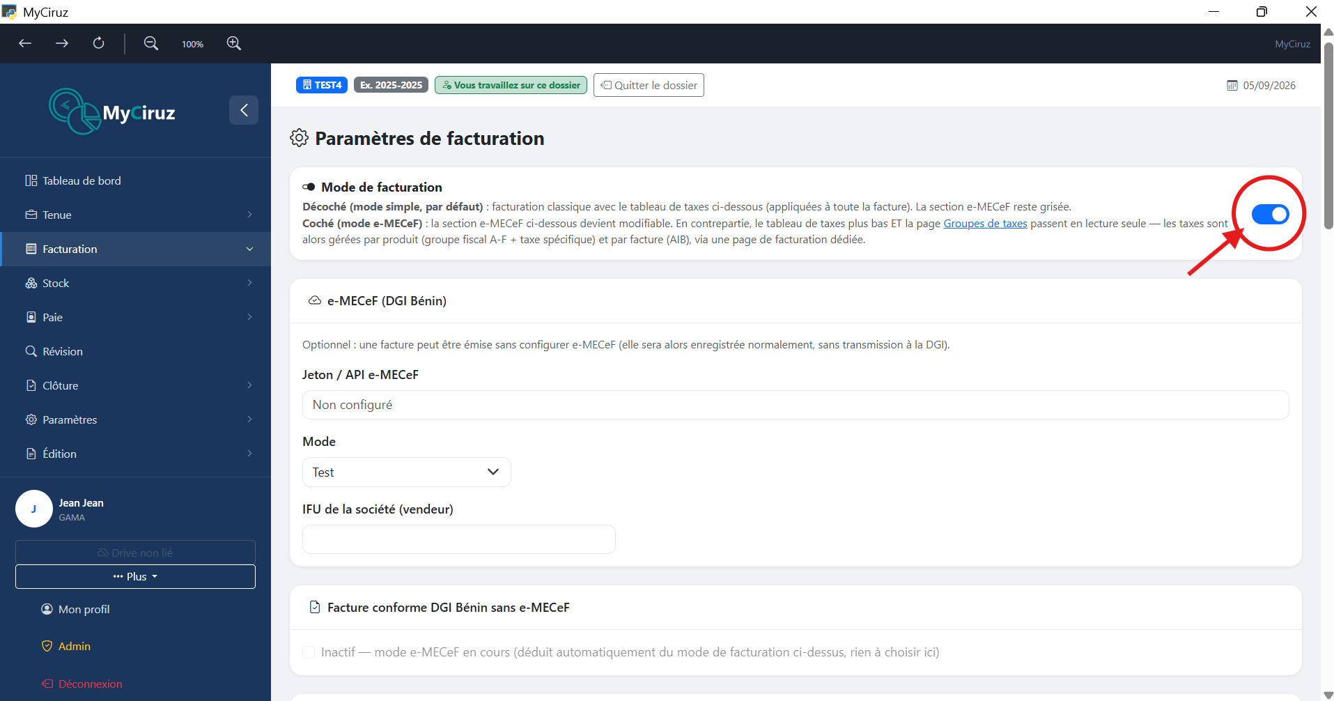 Paramètres de facturation — activation du mode de facturation