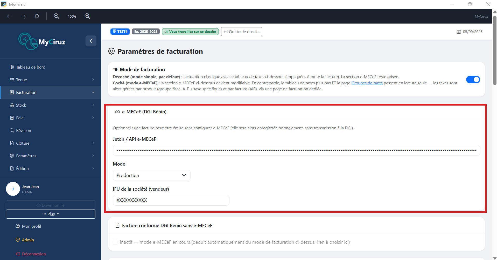 Section e-MECeF (DGI Bénin) : mode production, IFU et jeton API