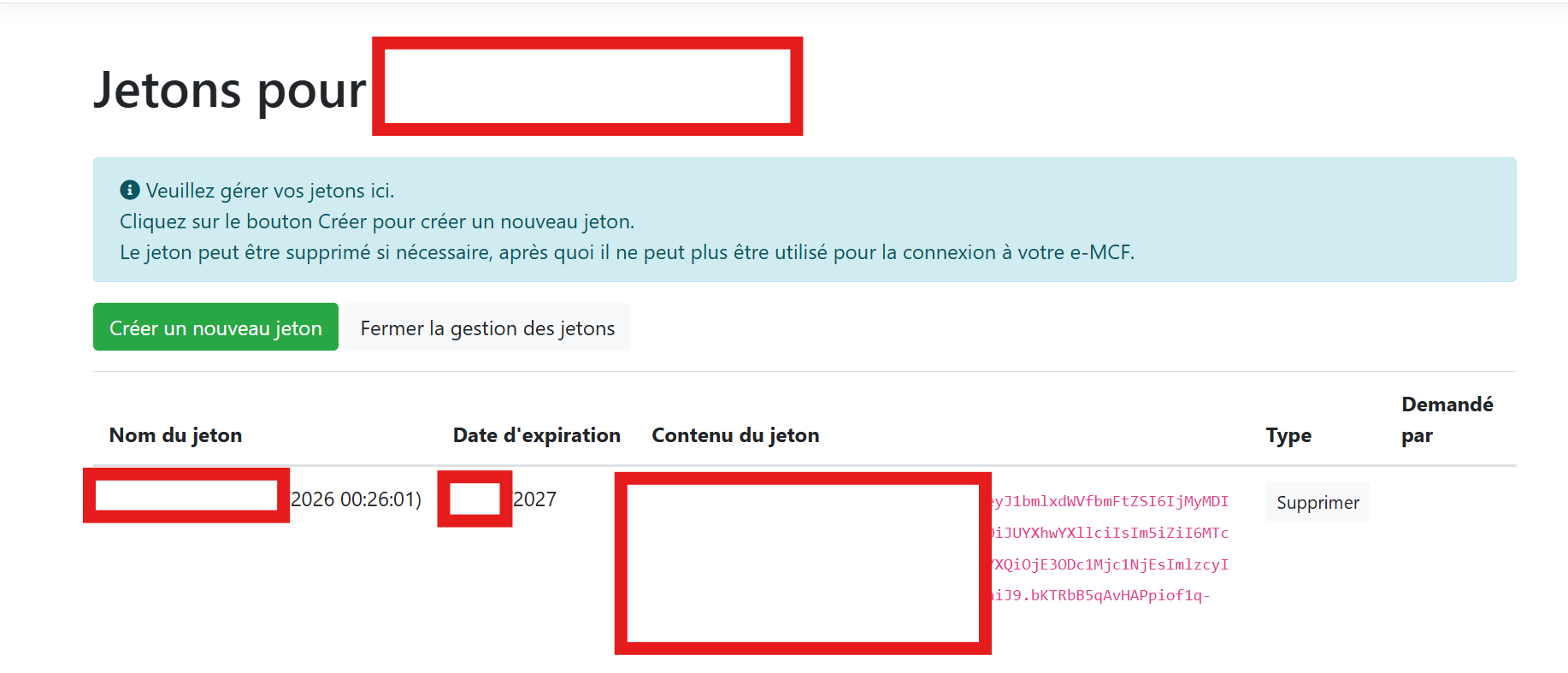 Espace e-MECeF — bouton Gérer les jetons et affichage du jeton API