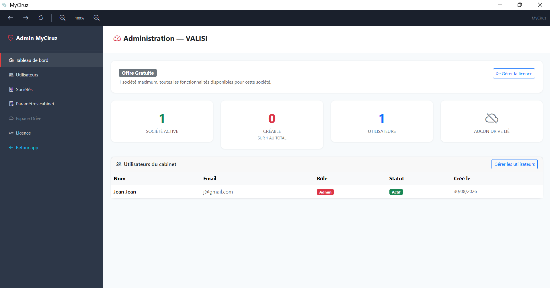 Pied de sidebar avec profil, admin et bouton Drive