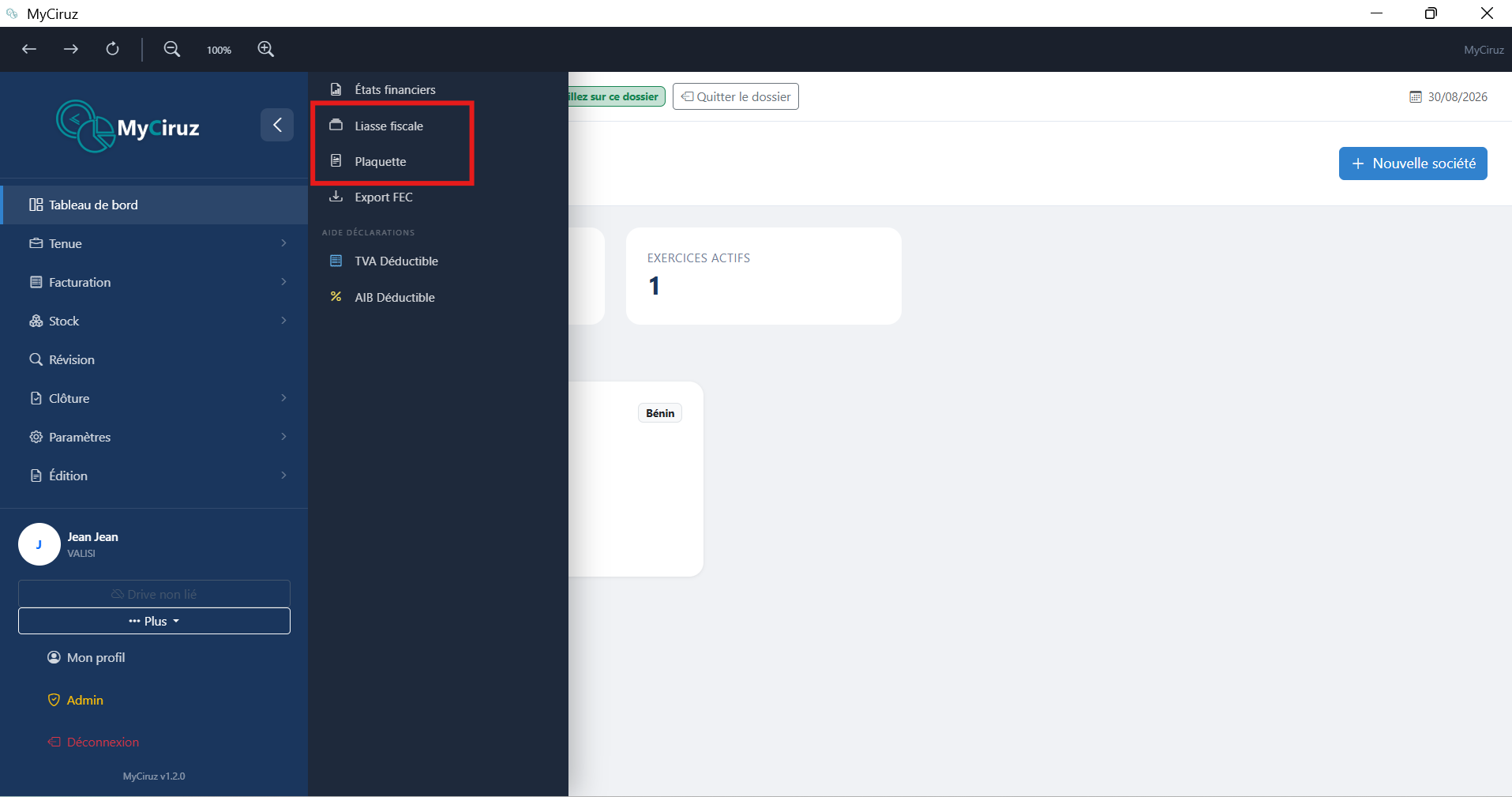 Pied de sidebar avec profil, admin et bouton Drive