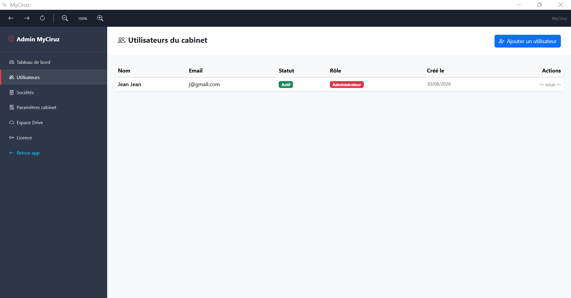 Pied de sidebar avec profil, admin et bouton Drive