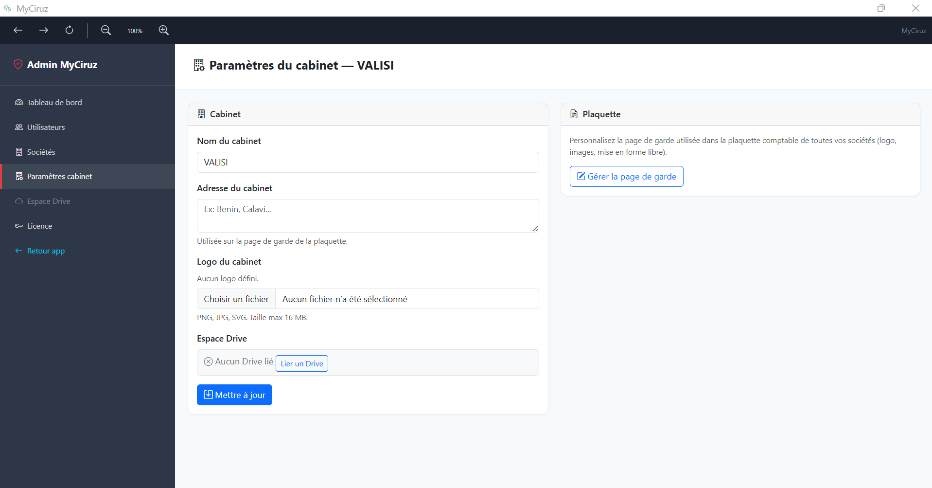 Pied de sidebar avec profil, admin et bouton Drive