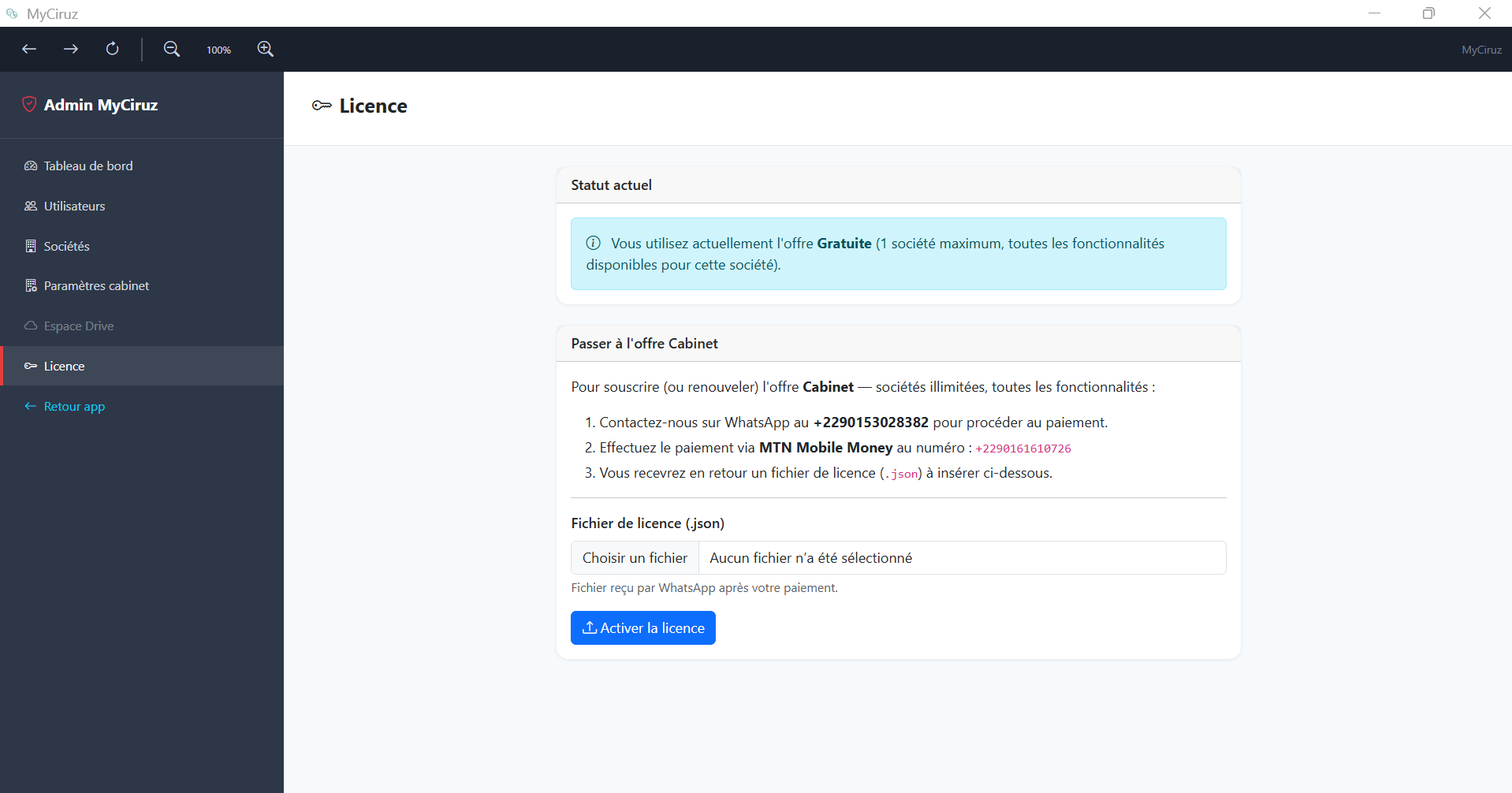 Pied de sidebar avec profil, admin et bouton Drive