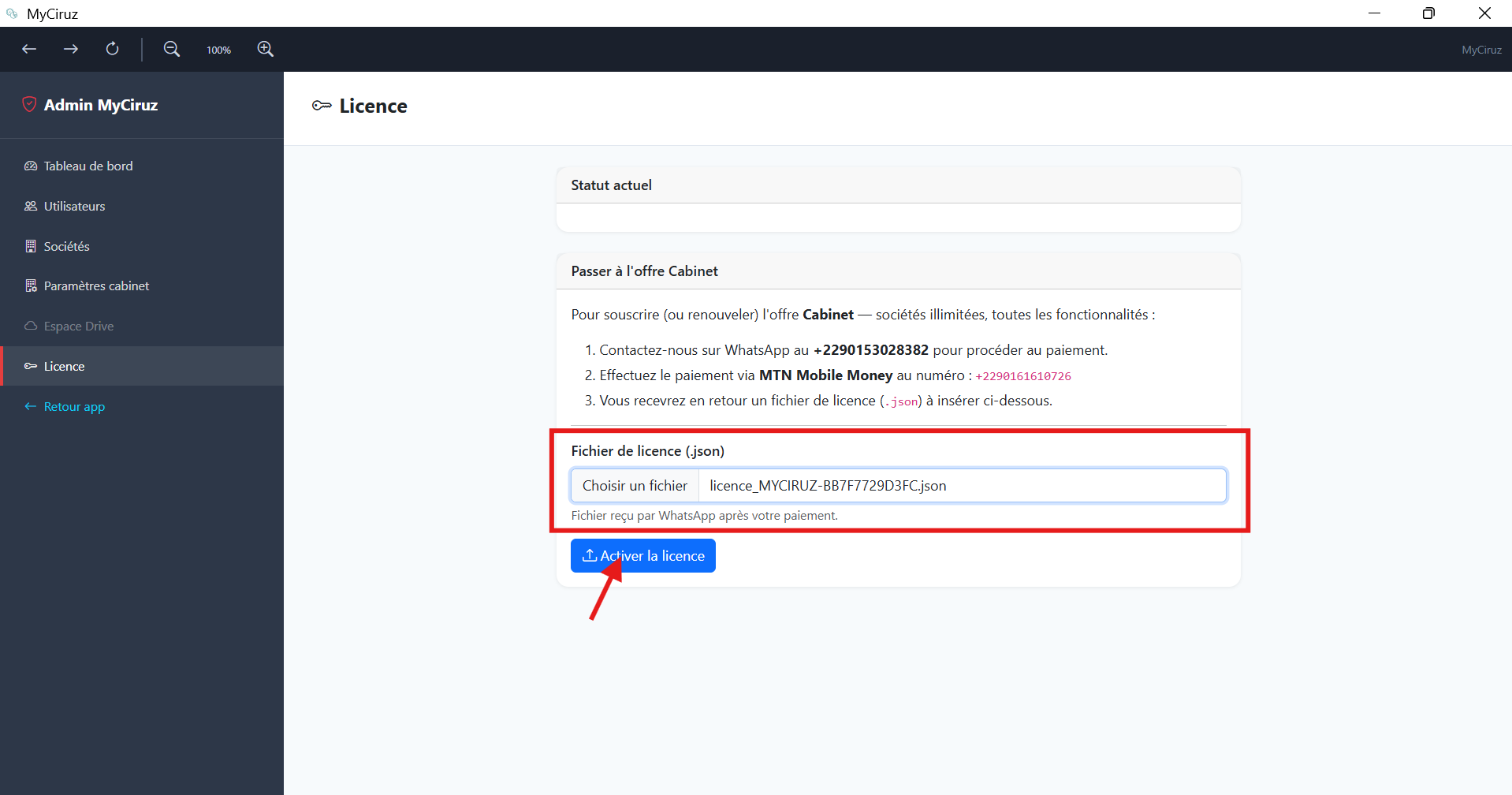 Pied de sidebar avec profil, admin et bouton Drive