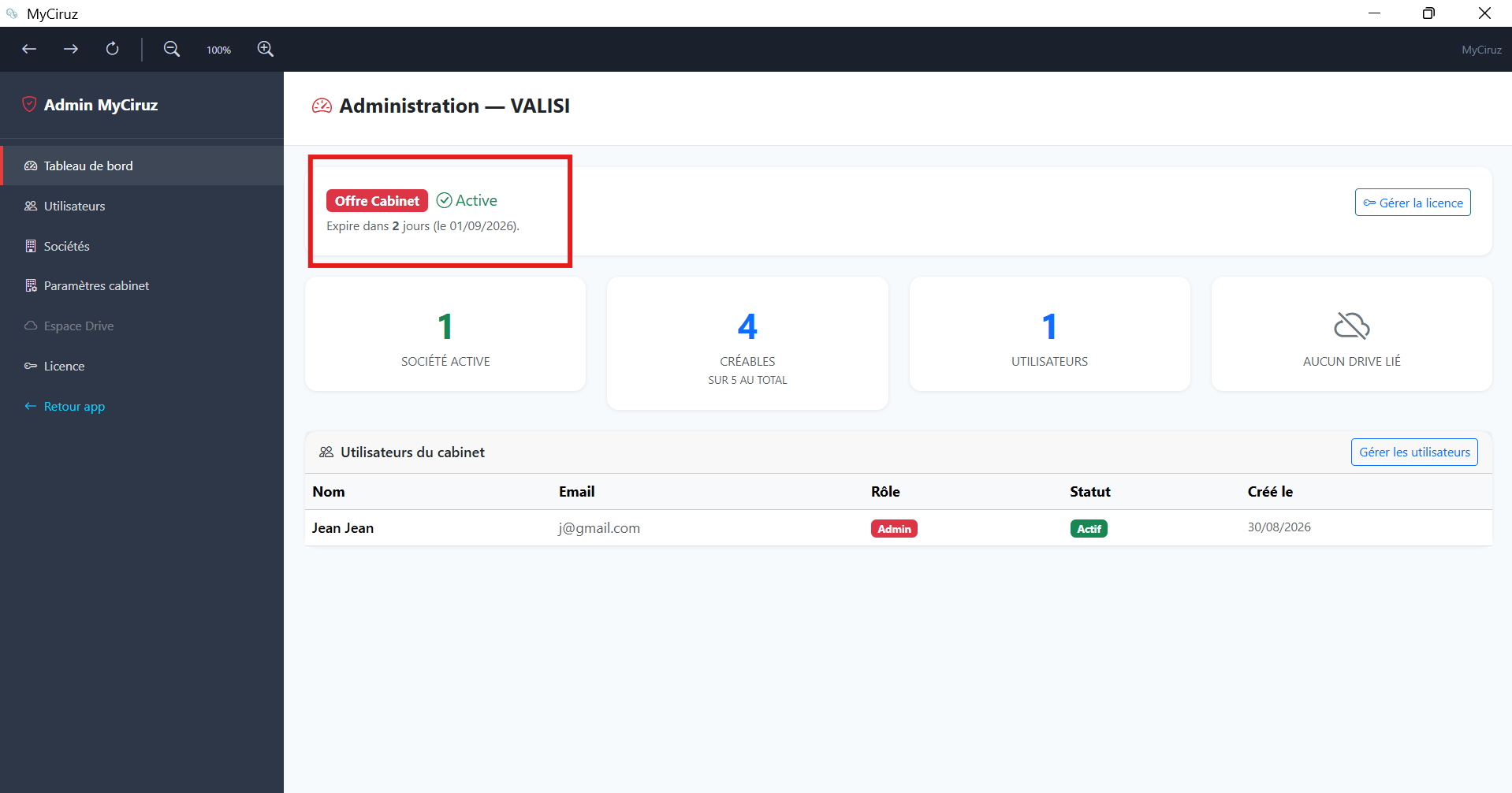 Pied de sidebar avec profil, admin et bouton Drive