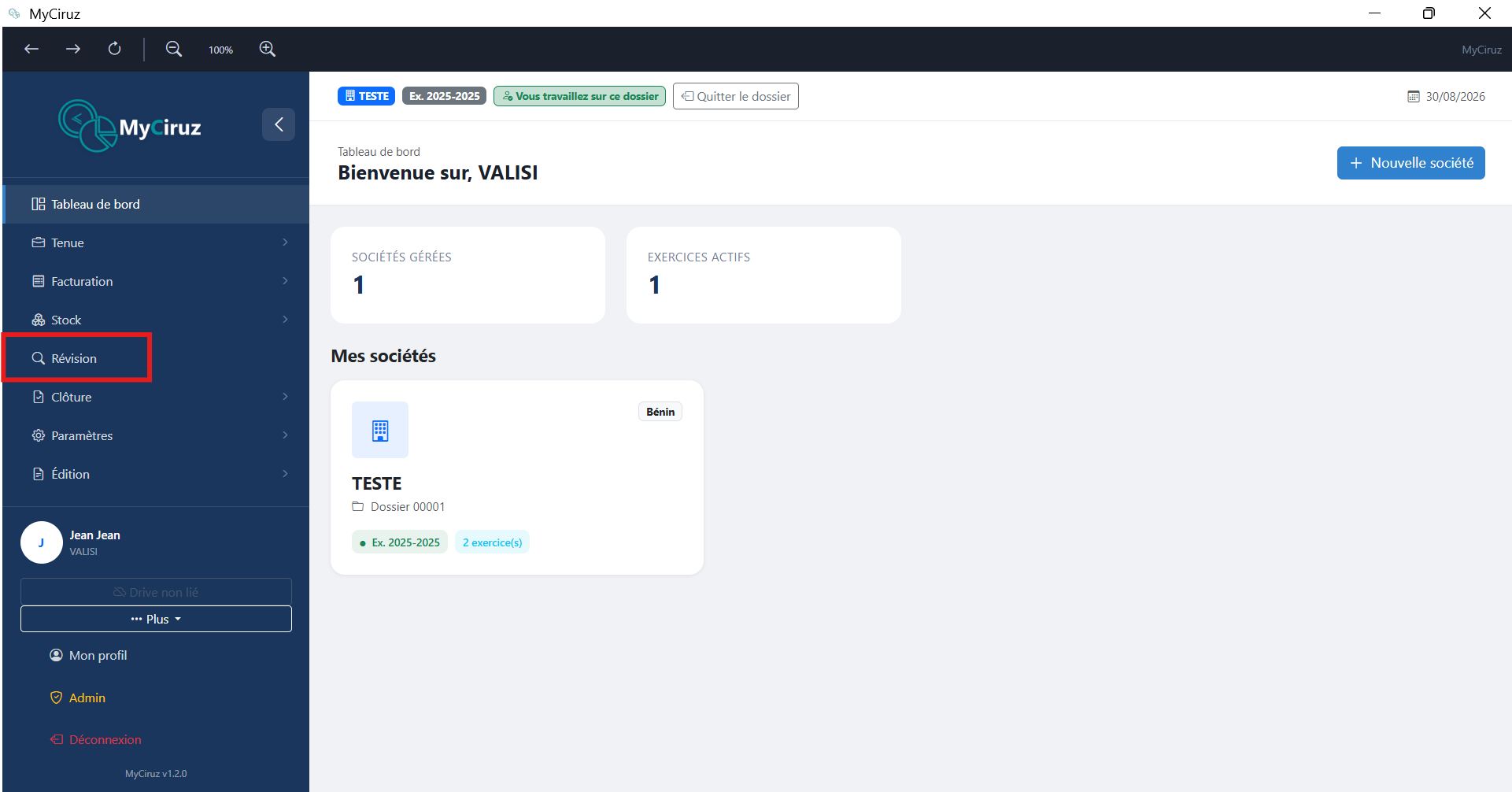 Pied de sidebar avec profil, admin et bouton Drive