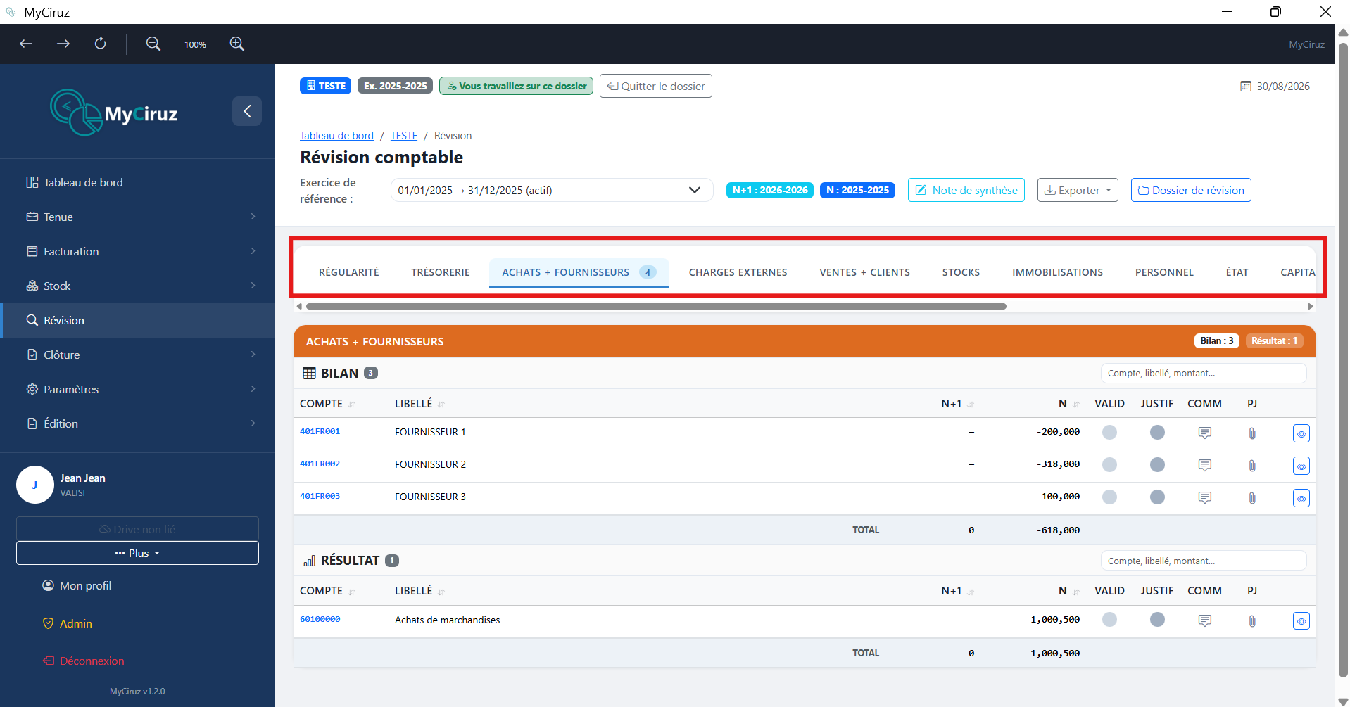 Page révision avec barre de cycles et tableau des comptes