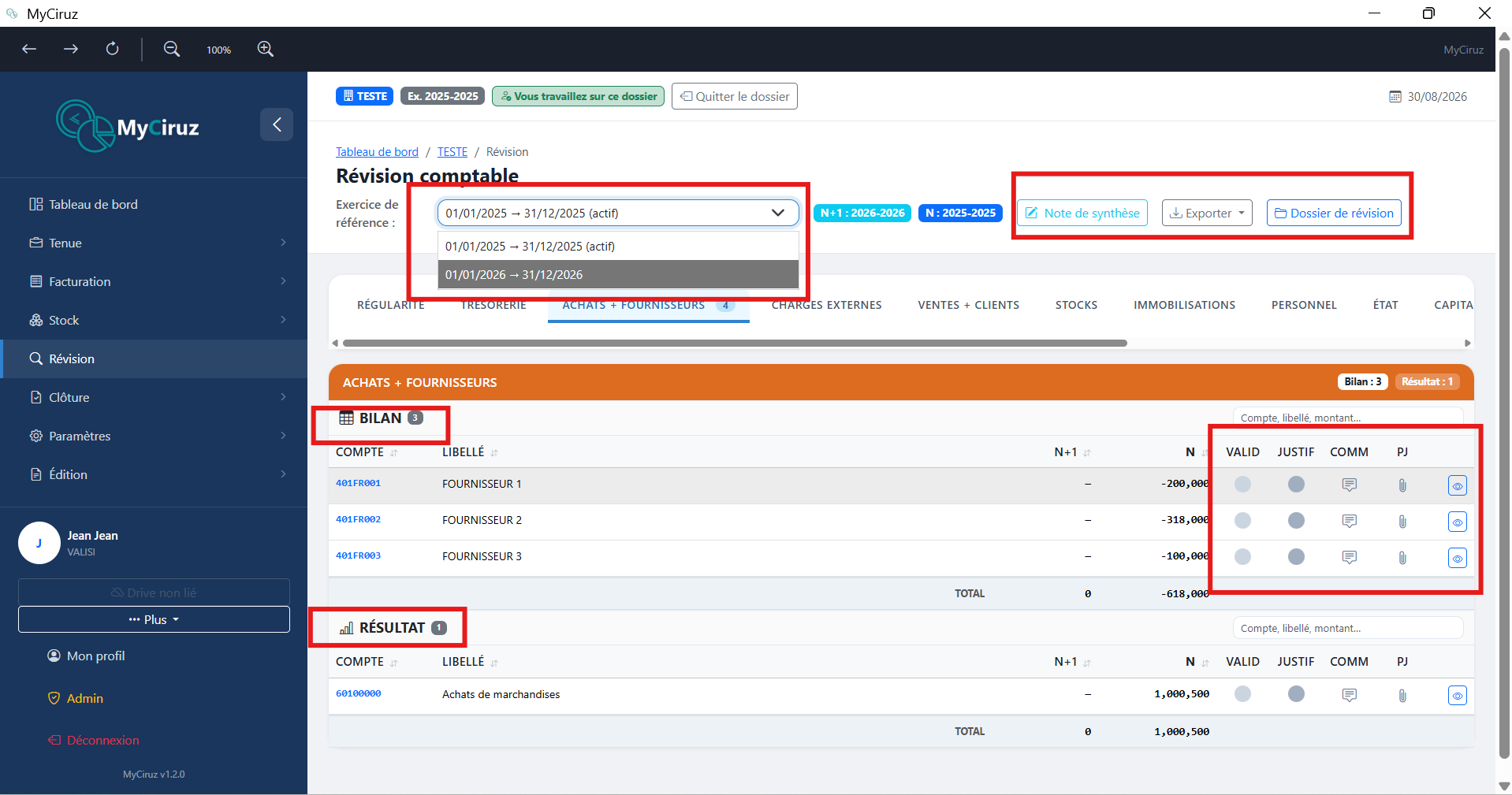 Page révision avec barre de cycles et tableau des comptes