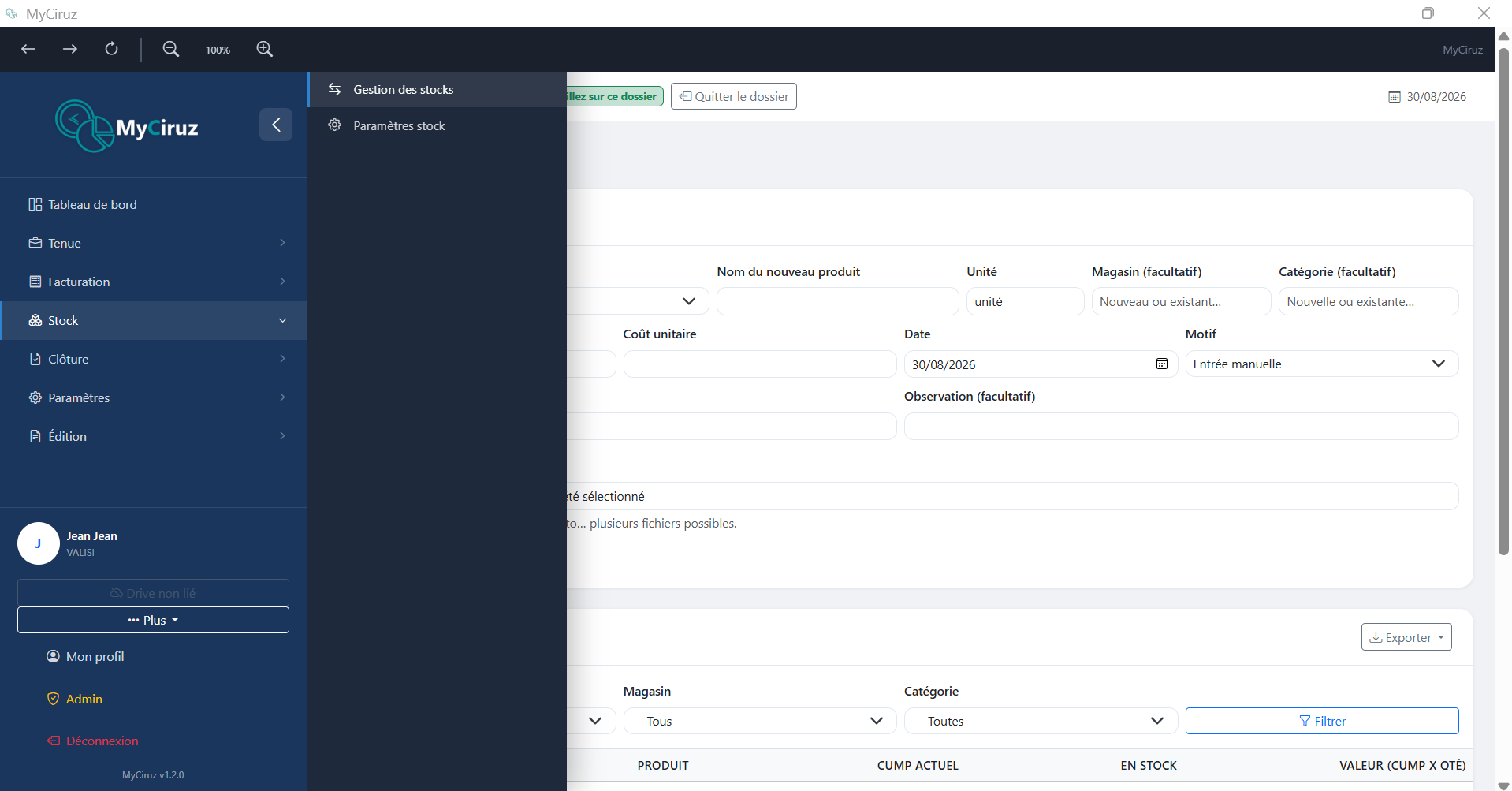 Tableau de gestion des stocks avec entrées/sorties