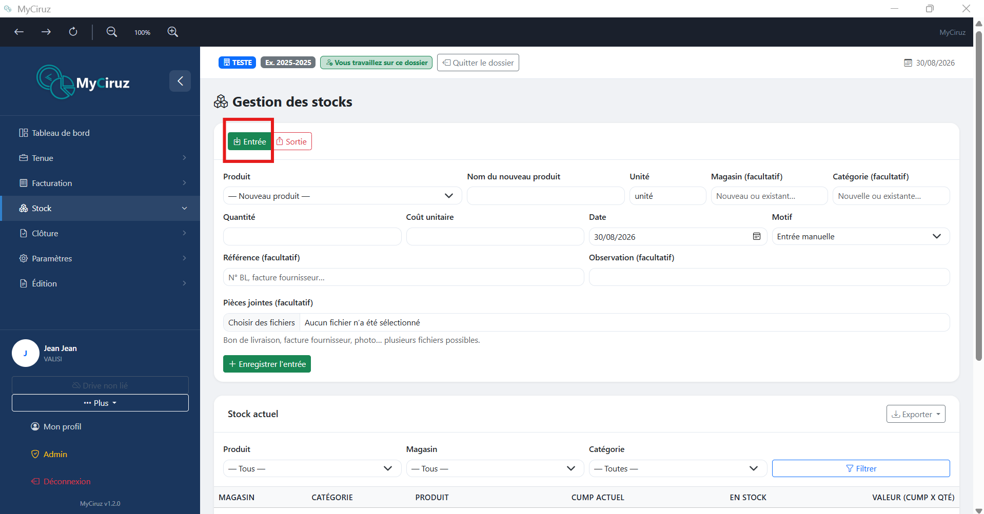 Tableau de gestion des stocks avec entrées/sorties