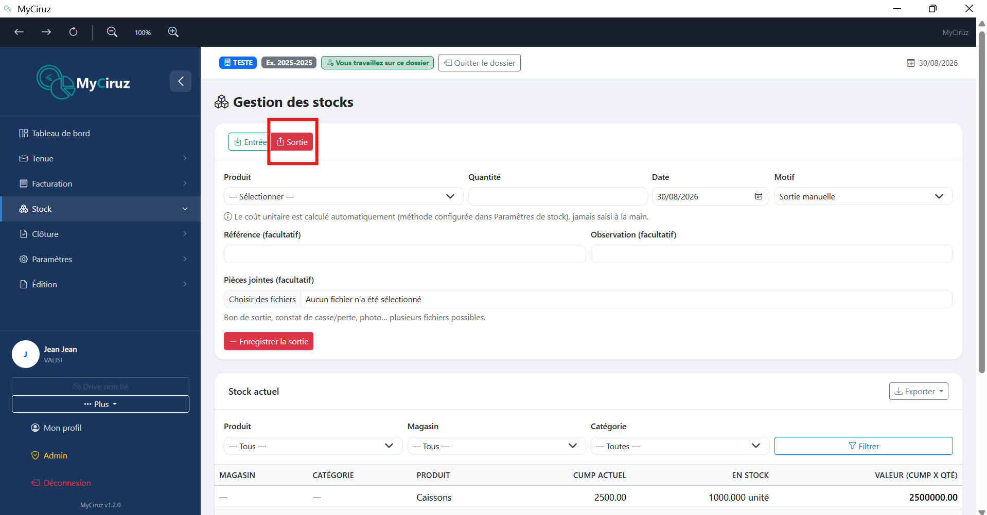 Tableau de gestion des stocks avec entrées/sorties