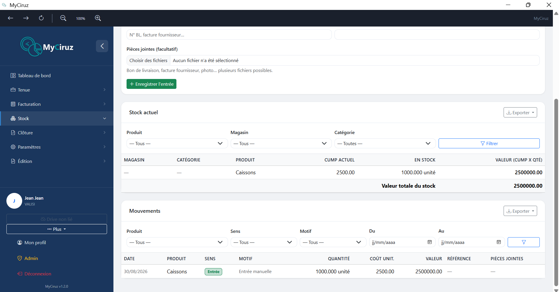 Tableau de gestion des stocks avec entrées/sorties