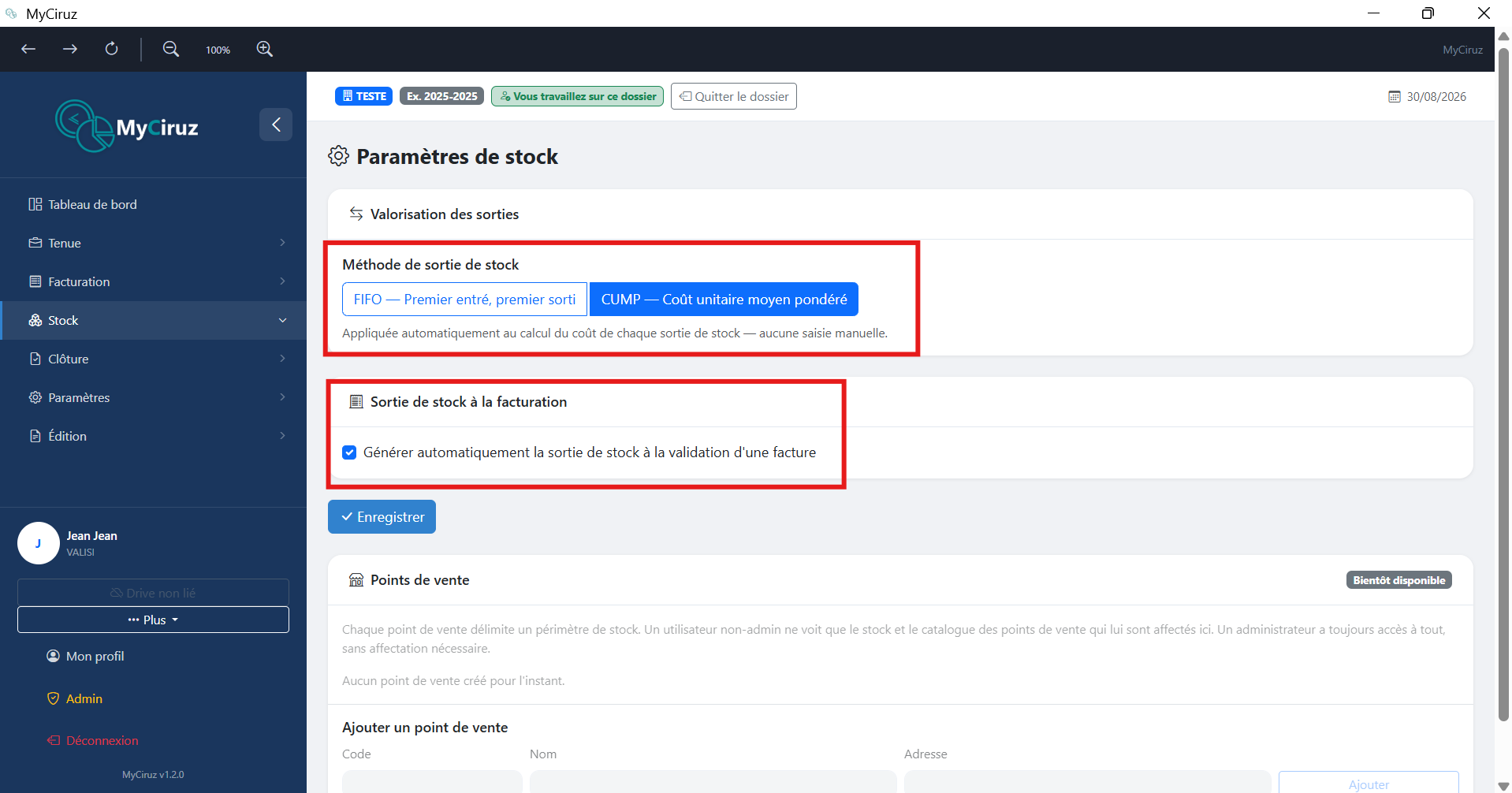 Tableau de gestion des stocks avec entrées/sorties