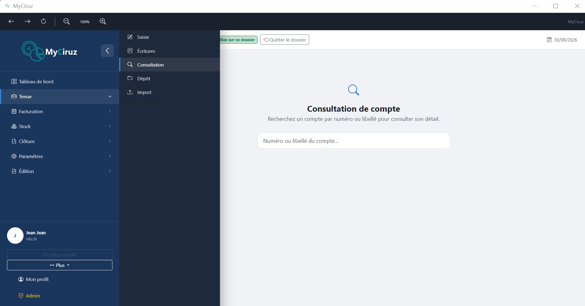 Consultation détaillée d'un compte avec lettrage et solde