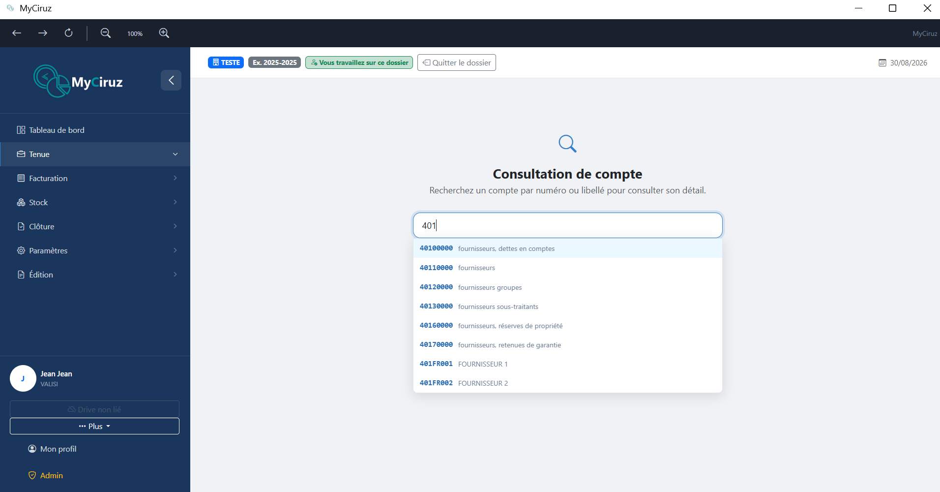 Consultation détaillée d'un compte avec lettrage et solde