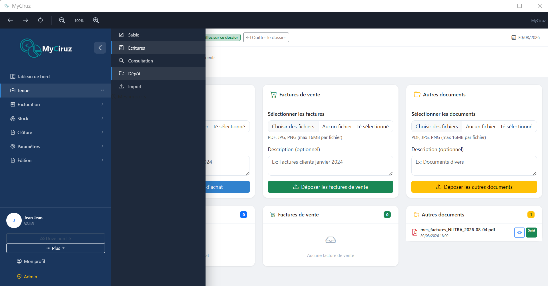 Interface de dépôt avec liste des documents en attente