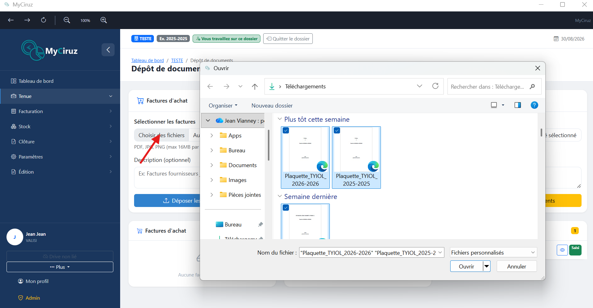 Interface de dépôt avec liste des documents en attente