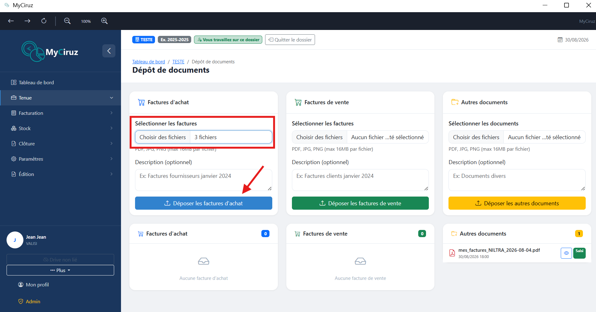 Interface de dépôt avec liste des documents en attente