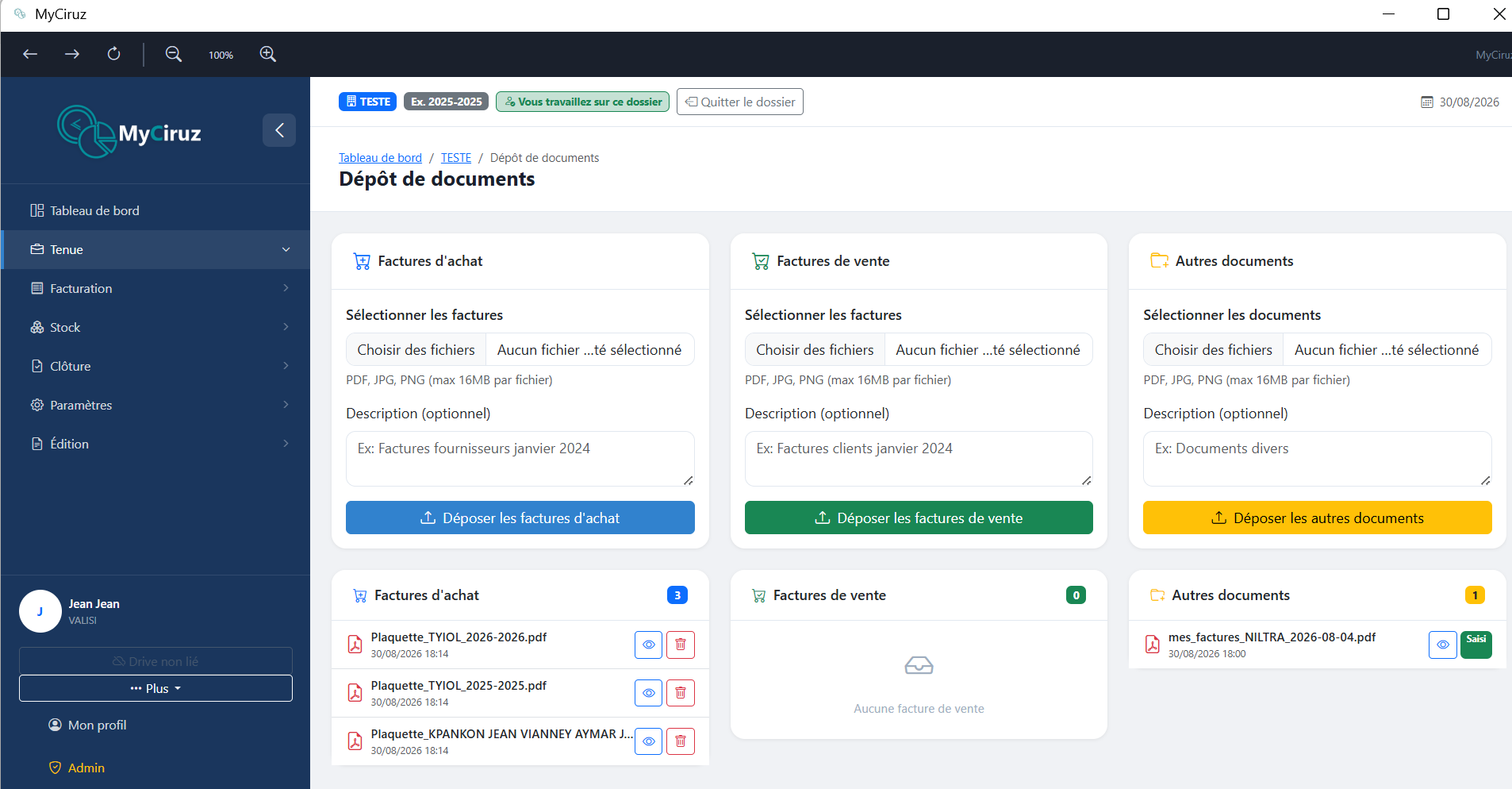 Interface de dépôt avec liste des documents en attente