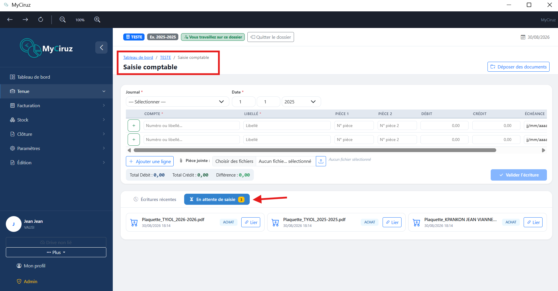 Interface de dépôt avec liste des documents en attente