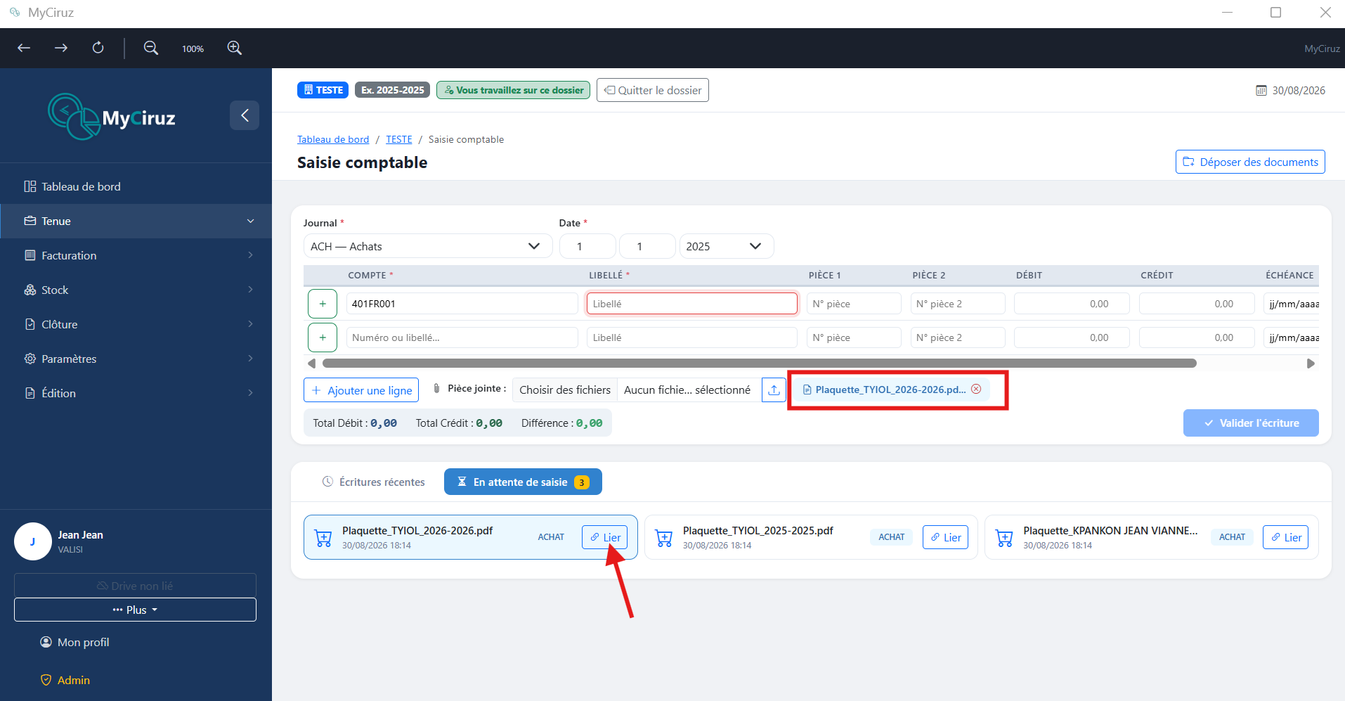 Interface de dépôt avec liste des documents en attente